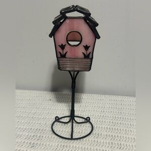 Pink Stained Glass Birdhouse shaped tea light holder
